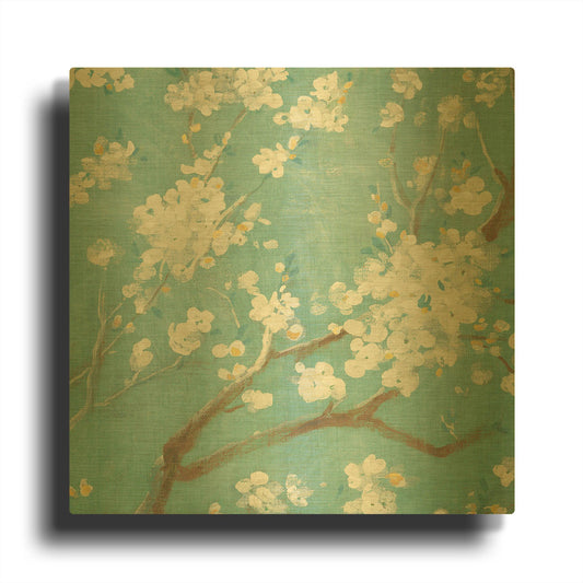 'White Cherry Blossom I on Blue' By Danhui Nai Gold Metal Wall Art