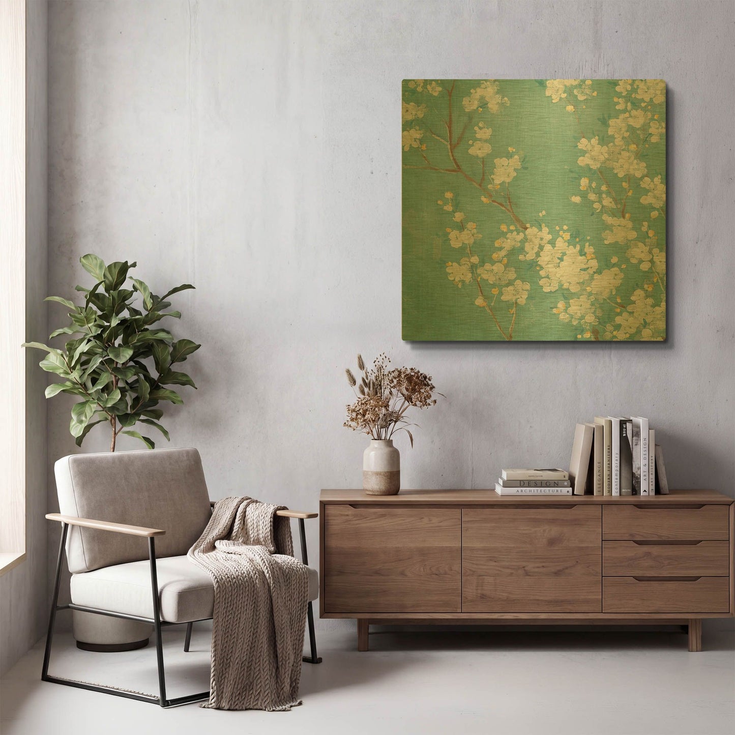 'White Cherry Blossom II on Blue' By Danhui Nai Gold Metal Wall Art