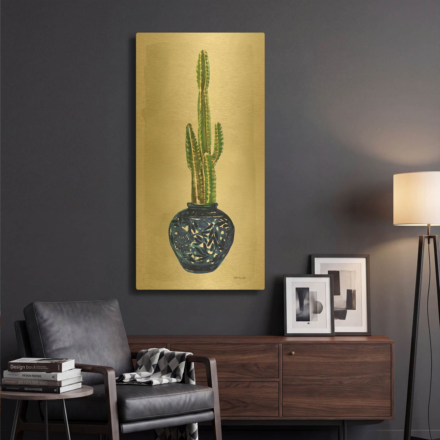 'Cacti in Blue Pot 1' By Stellar Design Studio Gold Metal Wall Art
