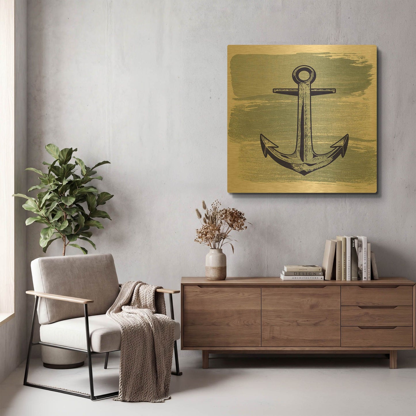 'Brushed Midnight Blue Anchor' By Bluebird Barn Gold Metal Wall Art