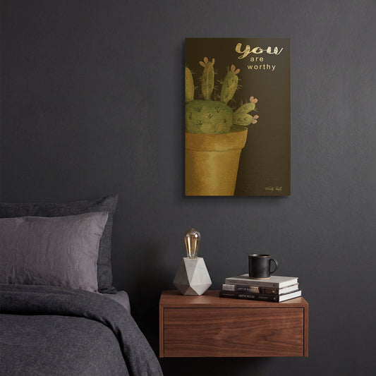 'You Are Worthy Cactus' By Cindy Jacobs Gold Metal Wall Art