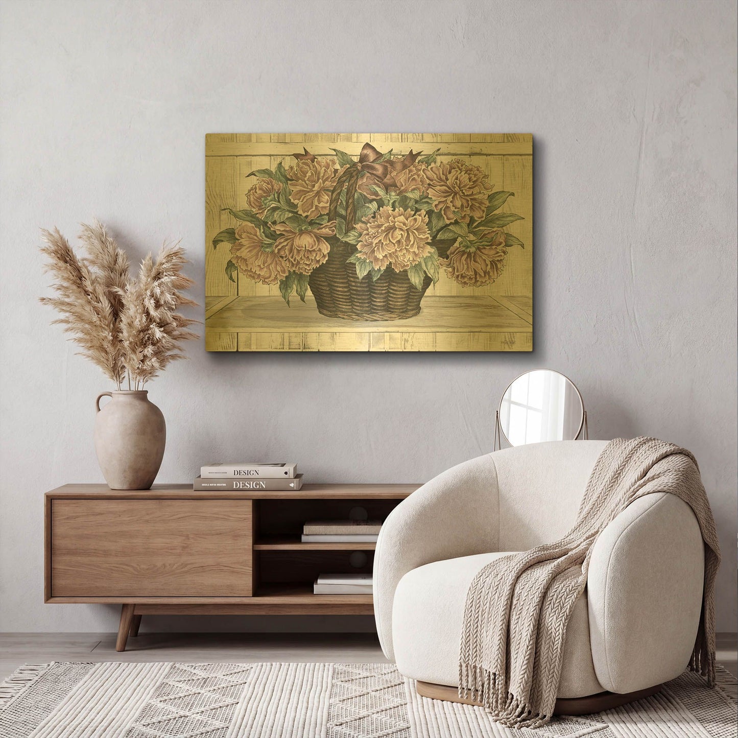 'Basket of Peonies' By Cindy Jacobs Gold Metal Wall Art