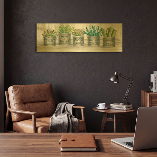 'Galvanized Pot Succulents II' By Cindy Jacobs Gold Metal Wall Art
