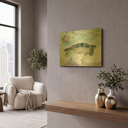 'Swimming Sea Turtle' By Stellar Design Studio Gold Metal Wall Art