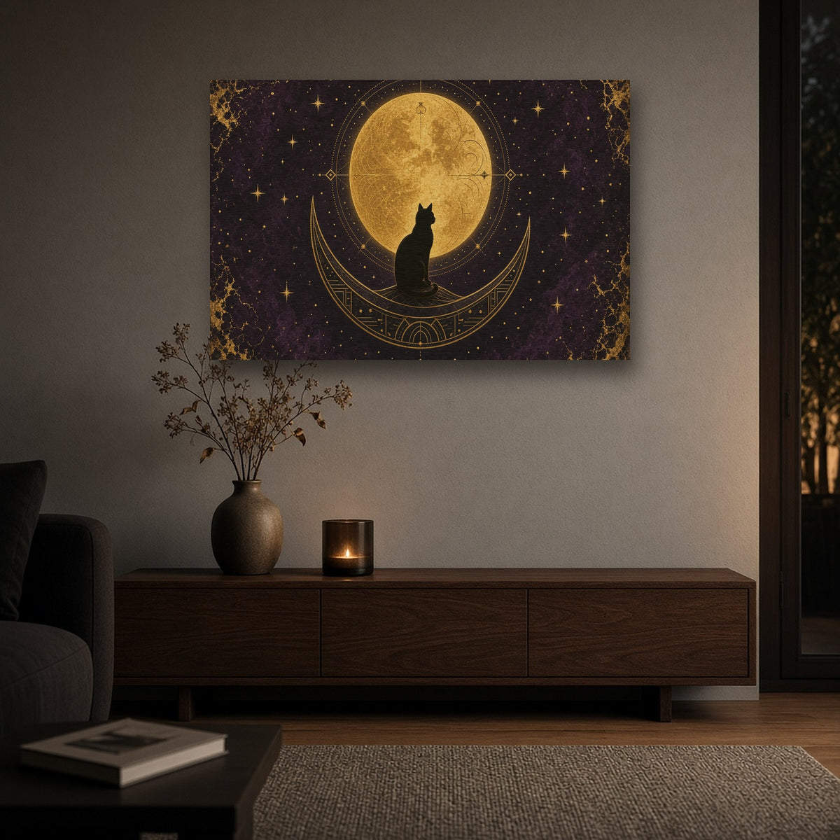 'Black Cat Moon' Halloween Gold Metal Wall Art in a room