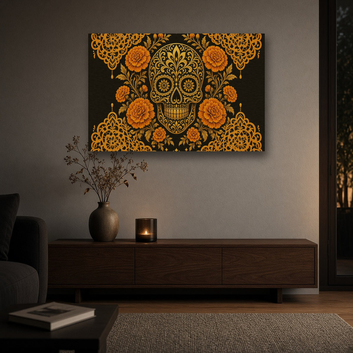 'Marigold Calavera' Halloween Gold Metal Wall Art in a room