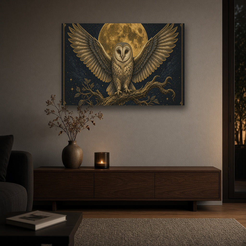'Owl Moon' Halloween Gold Metal Wall Art in a room