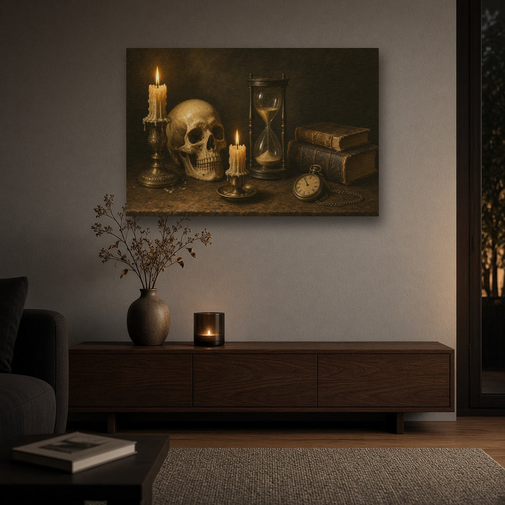 'Candlelit Vanitas' Halloween Gold Metal Wall Art in a room