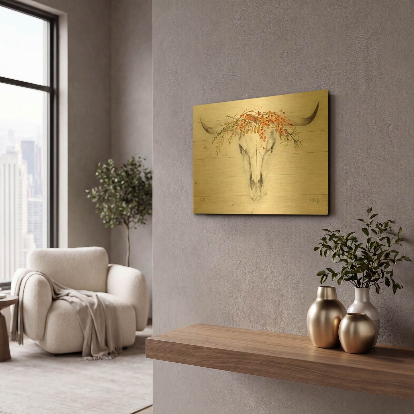 'Fall Steer Skull' By Marla Rae Gold Metal Wall Art
