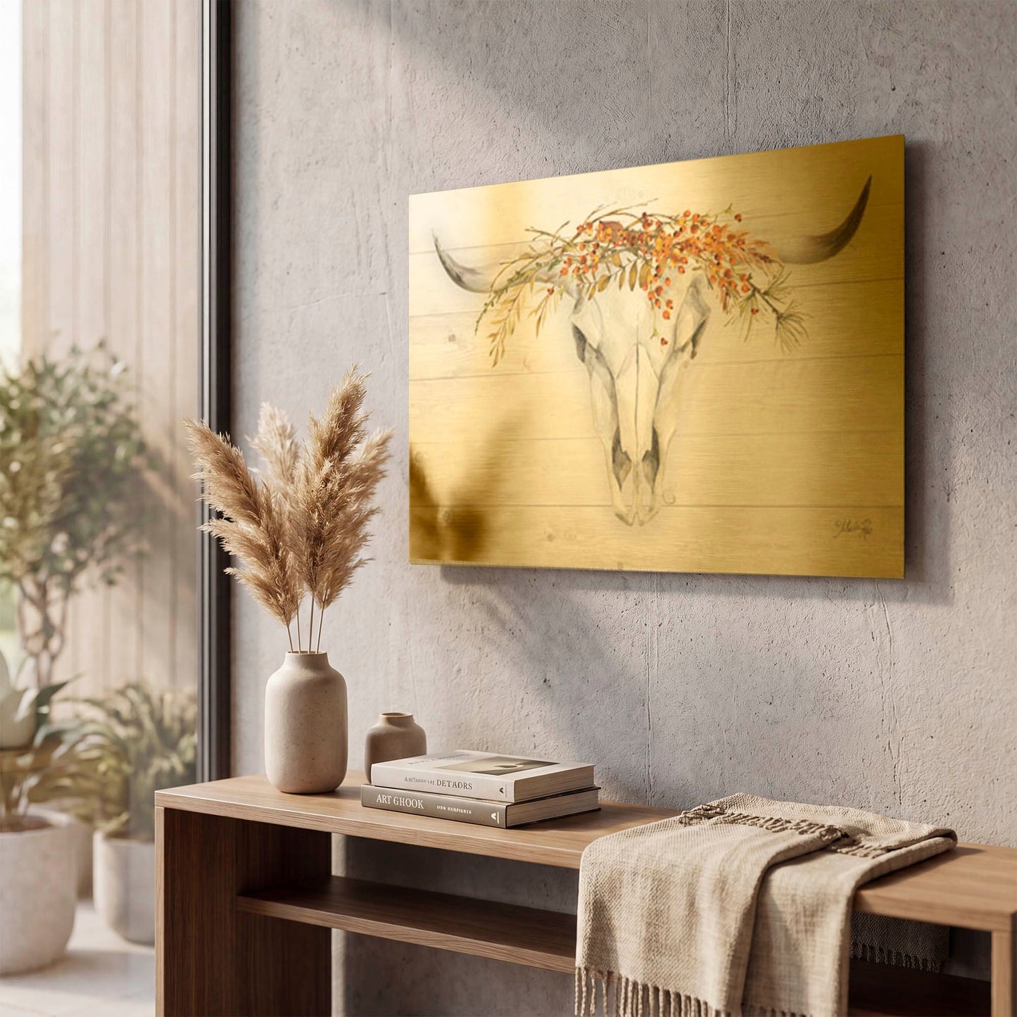'Fall Steer Skull' By Marla Rae Gold Metal Wall Art