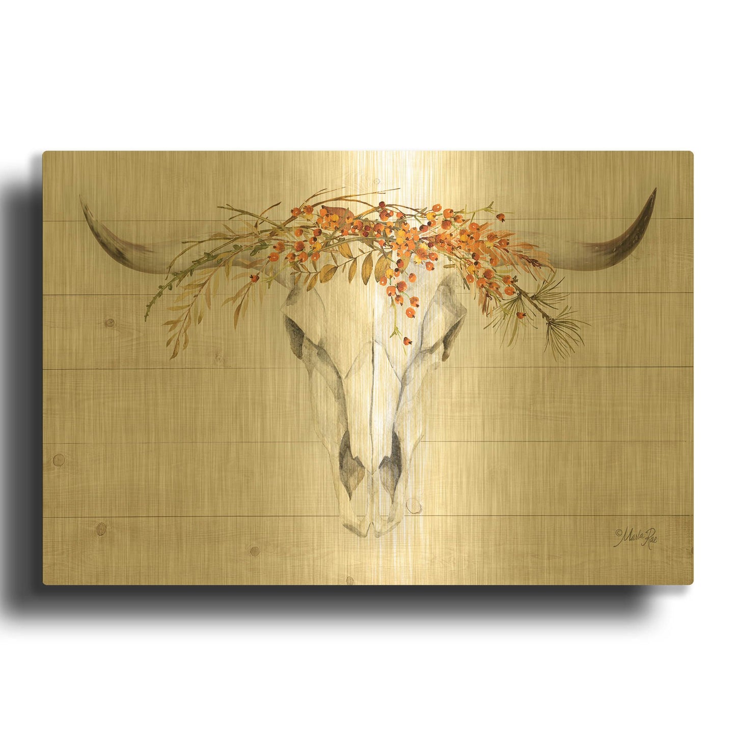 'Fall Steer Skull' By Marla Rae Gold Metal Wall Art