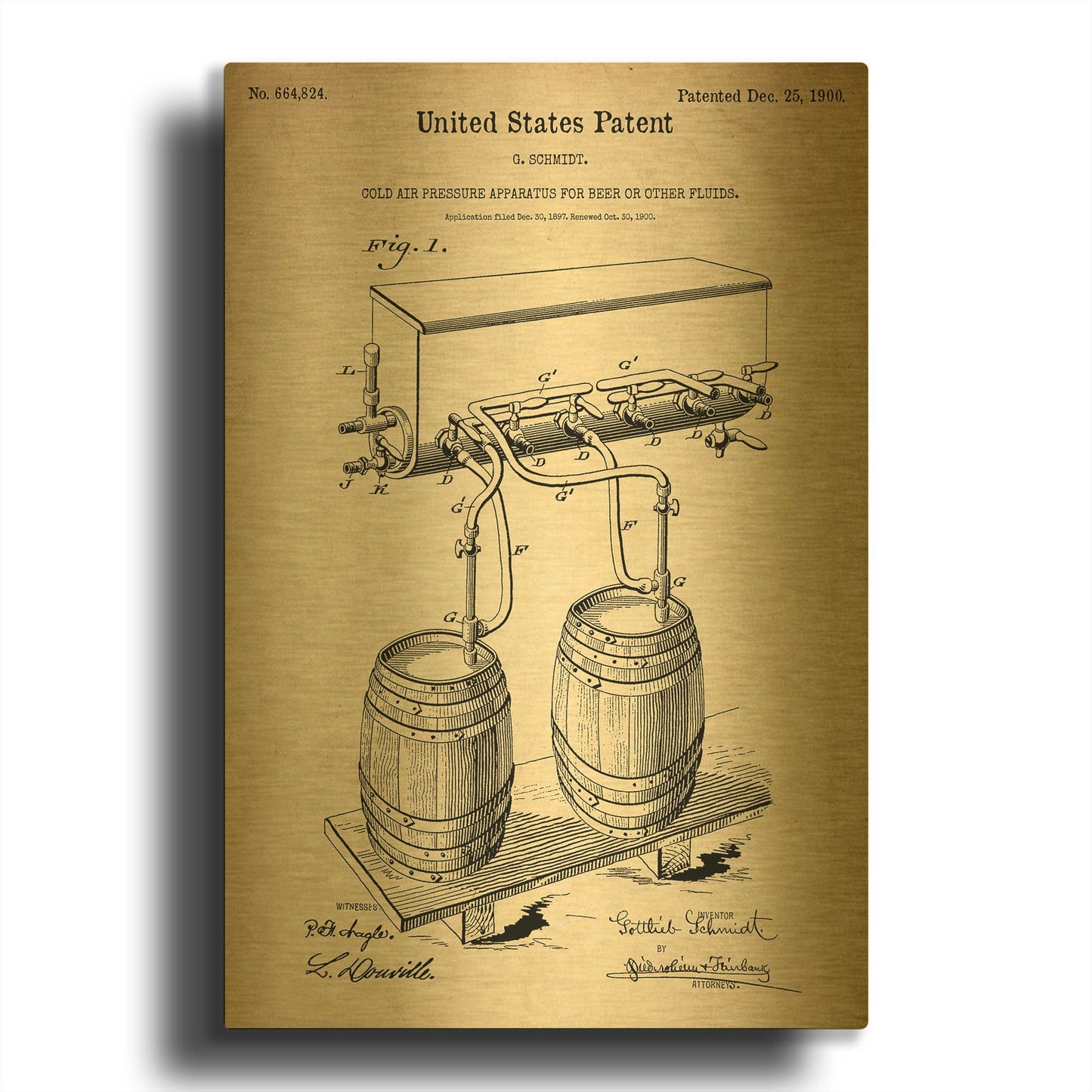 'Beer Barrel Vintage Patent Blueprint' By LUXE Gold Metal Wall Art