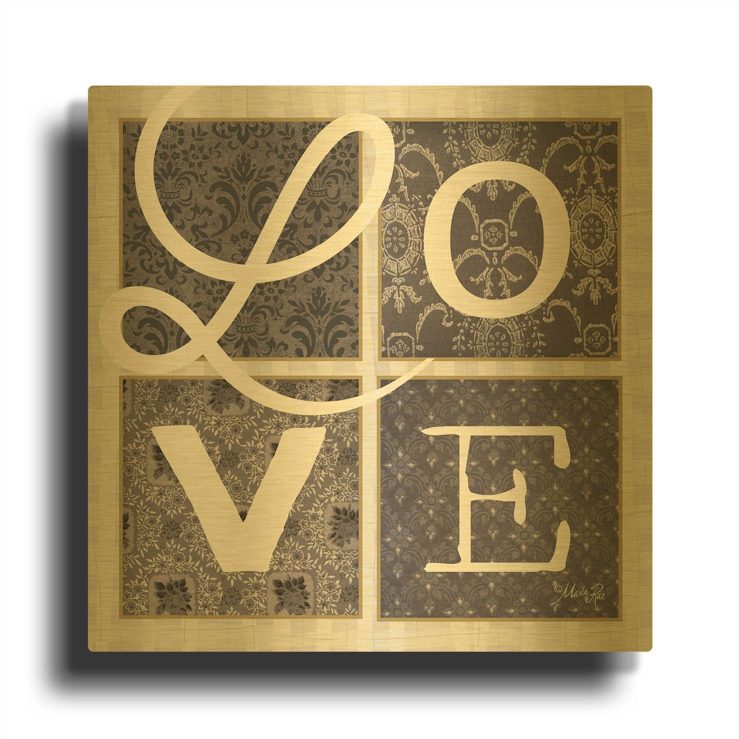 'LOVE Squared in Gray' By Marla Rae Gold Metal Wall Art