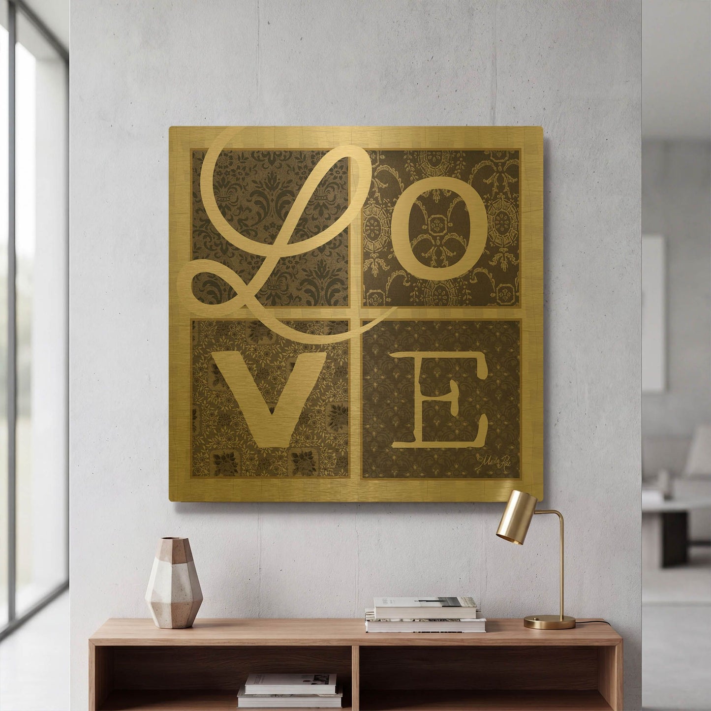 'LOVE Squared in Gray' By Marla Rae Gold Metal Wall Art