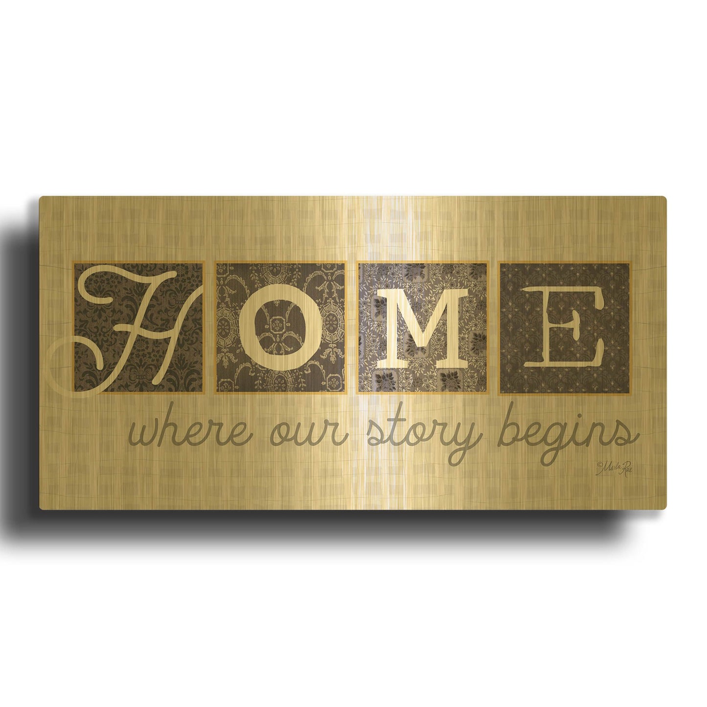 'Home Where Our Story Begins in Gray' By Marla Rae Gold Metal Wall Art