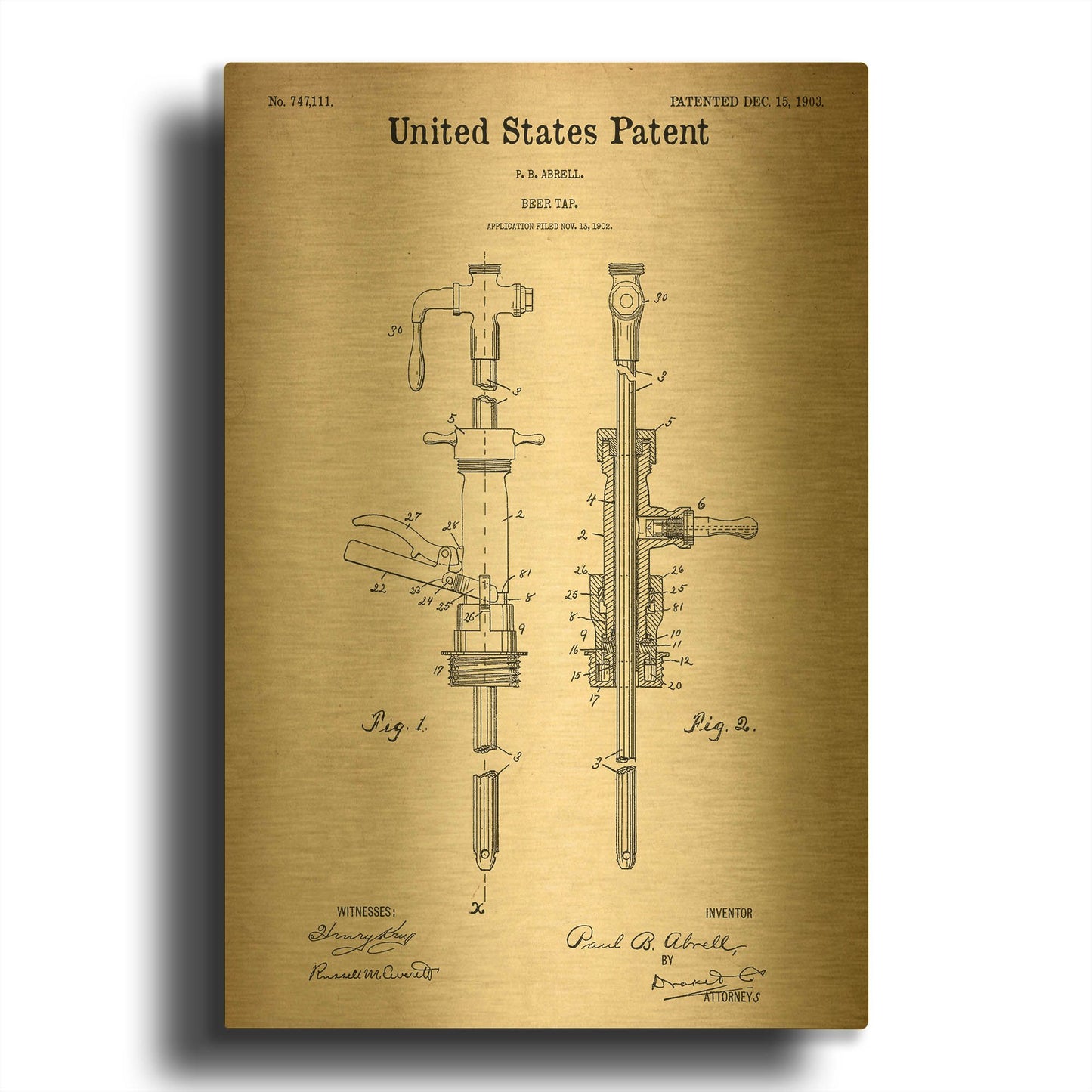 'Beer Tab Vintage Patent Blueprint' By LUXE Gold Metal Wall Art