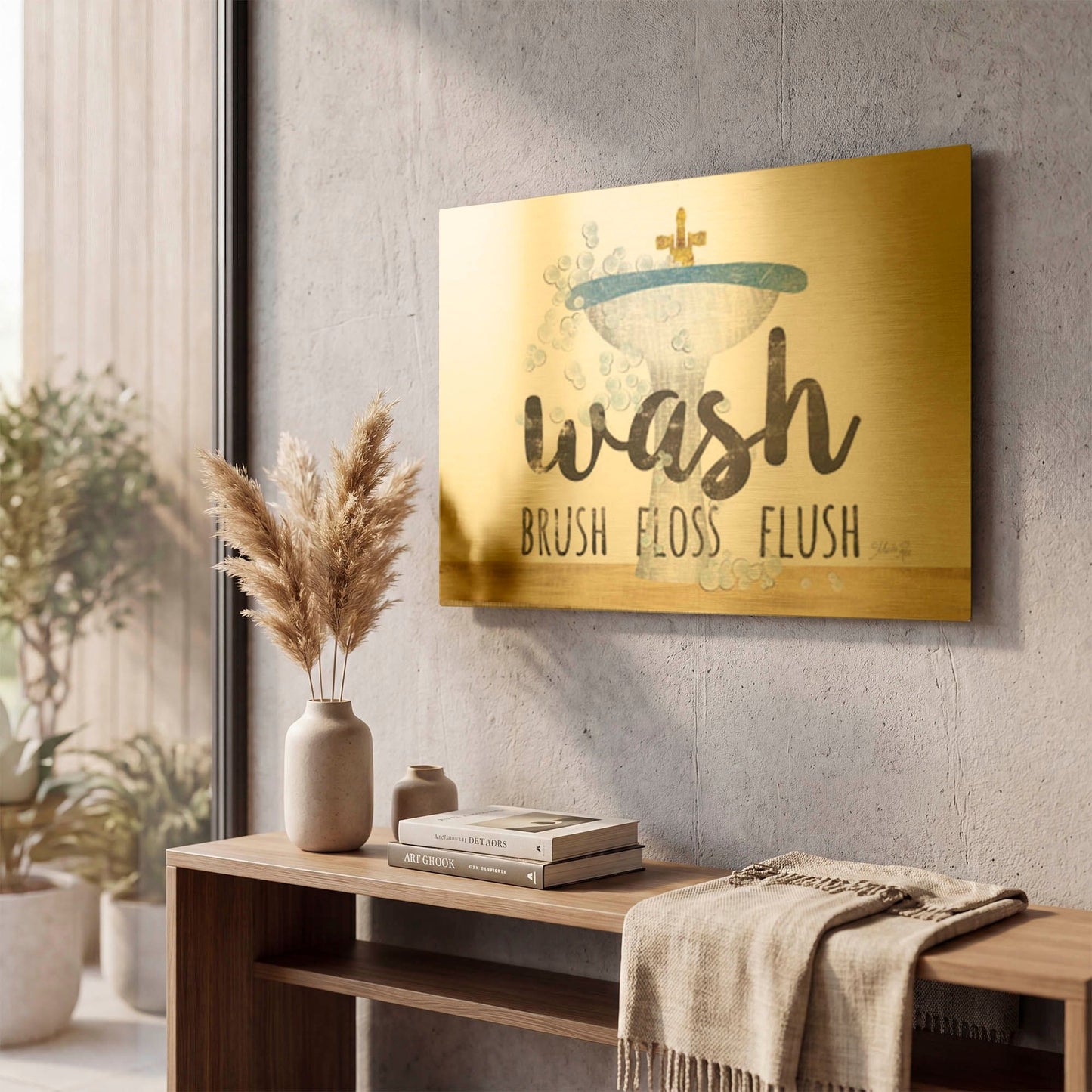 'Wash - Brush - Floss - Flush' By Marla Rae Gold Metal Wall Art