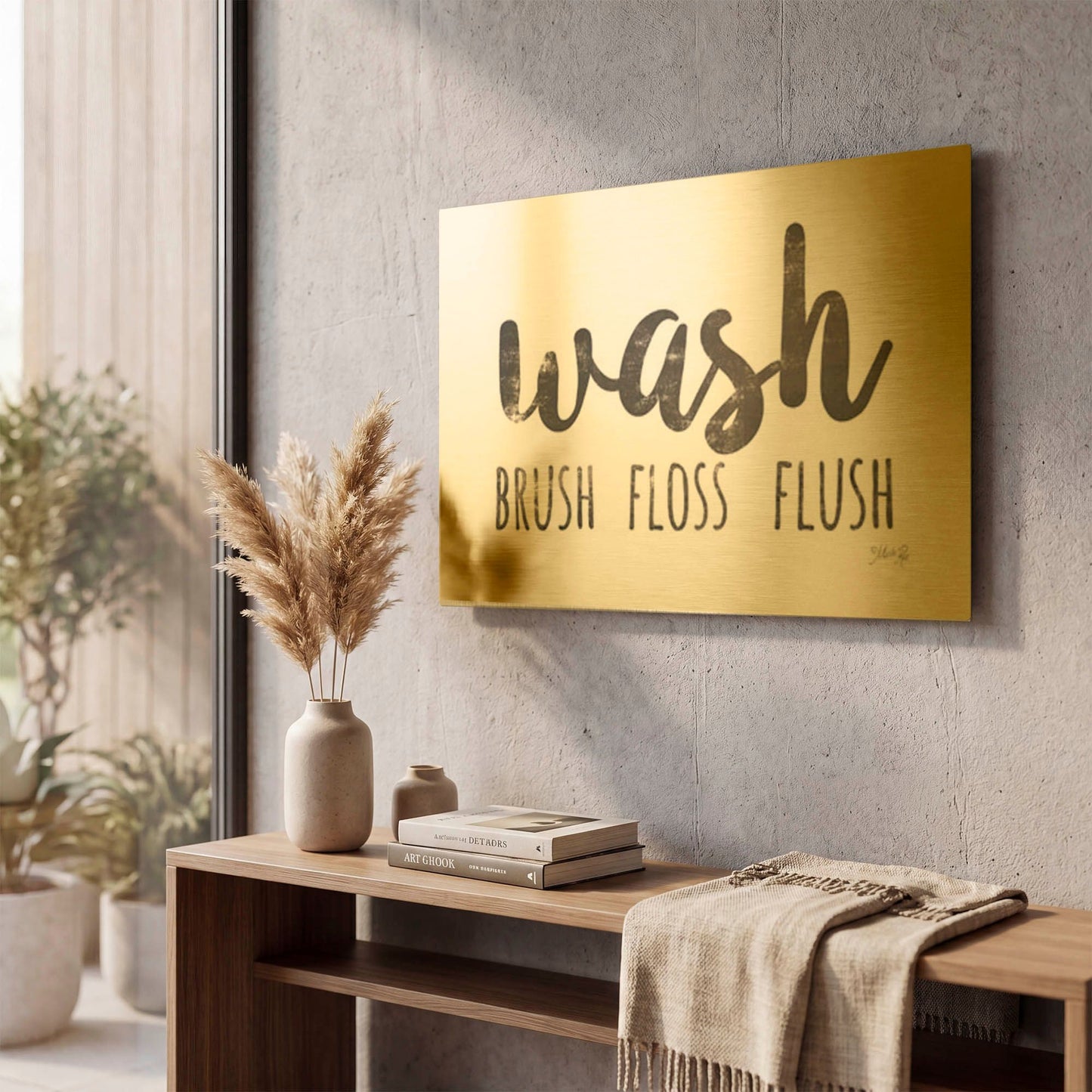 'Wash - Brush - Floss - Flush Sign' By Marla Rae Gold Metal Wall Art