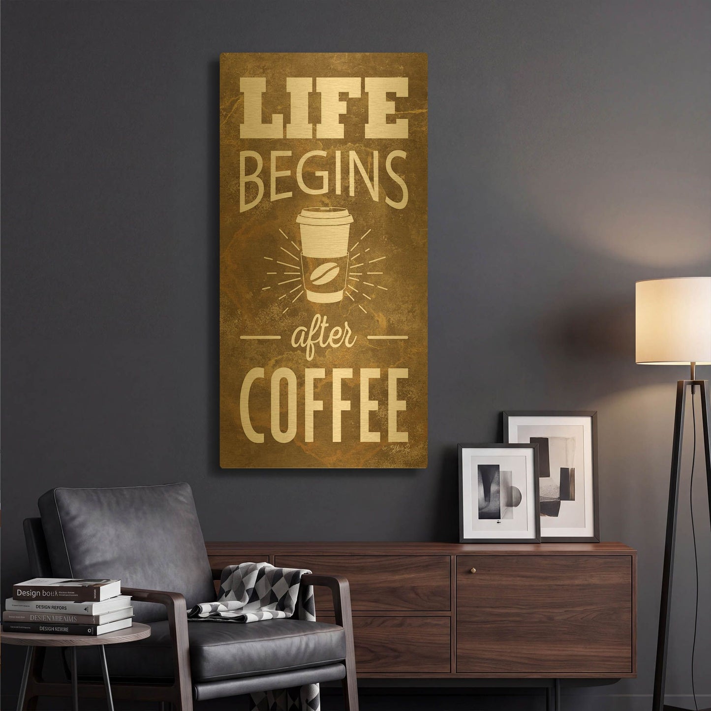 'Life Begins After Coffee' By Marla Rae Gold Metal Wall Art