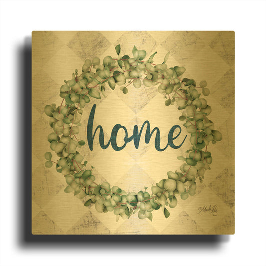 'Home Eucalyptus Wreath' By Marla Rae Gold Metal Wall Art