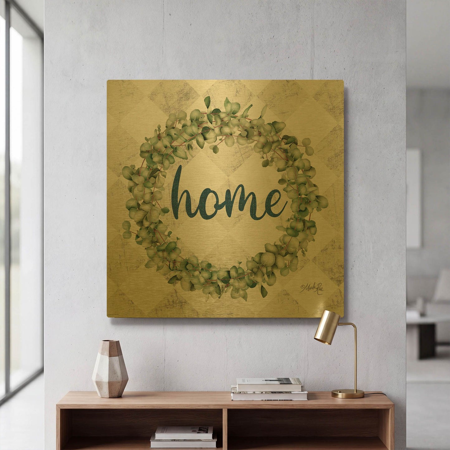 'Home Eucalyptus Wreath' By Marla Rae Gold Metal Wall Art