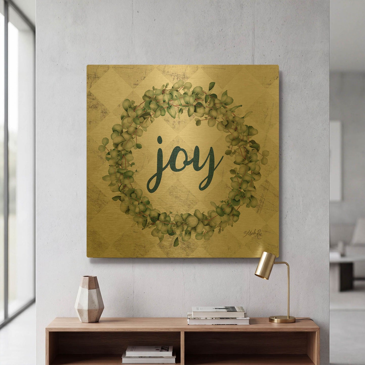 'Joy Eucalyptus Wreath' By Marla Rae Gold Metal Wall Art