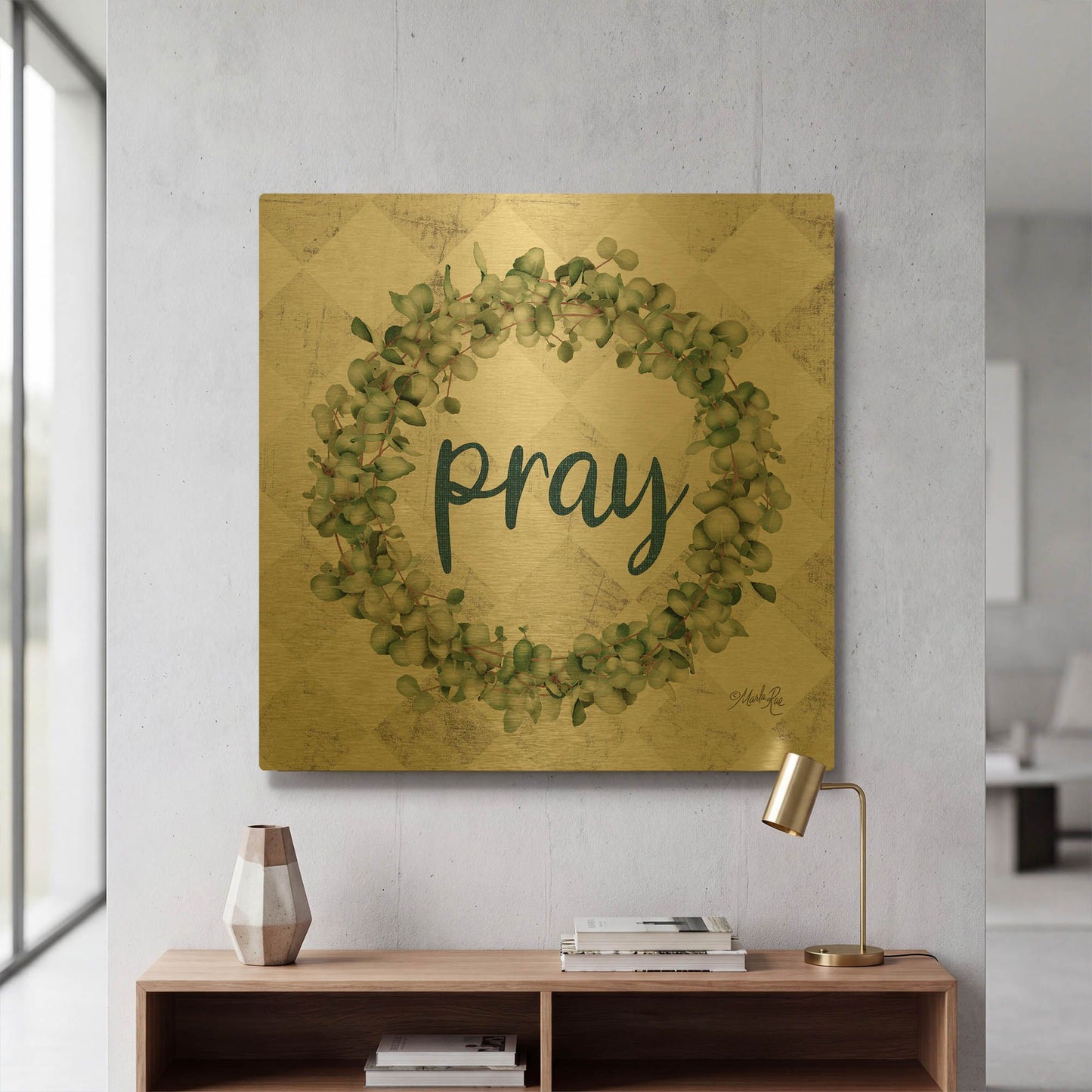 'Pray Eucalyptus Wreath' By Marla Rae Gold Metal Wall Art