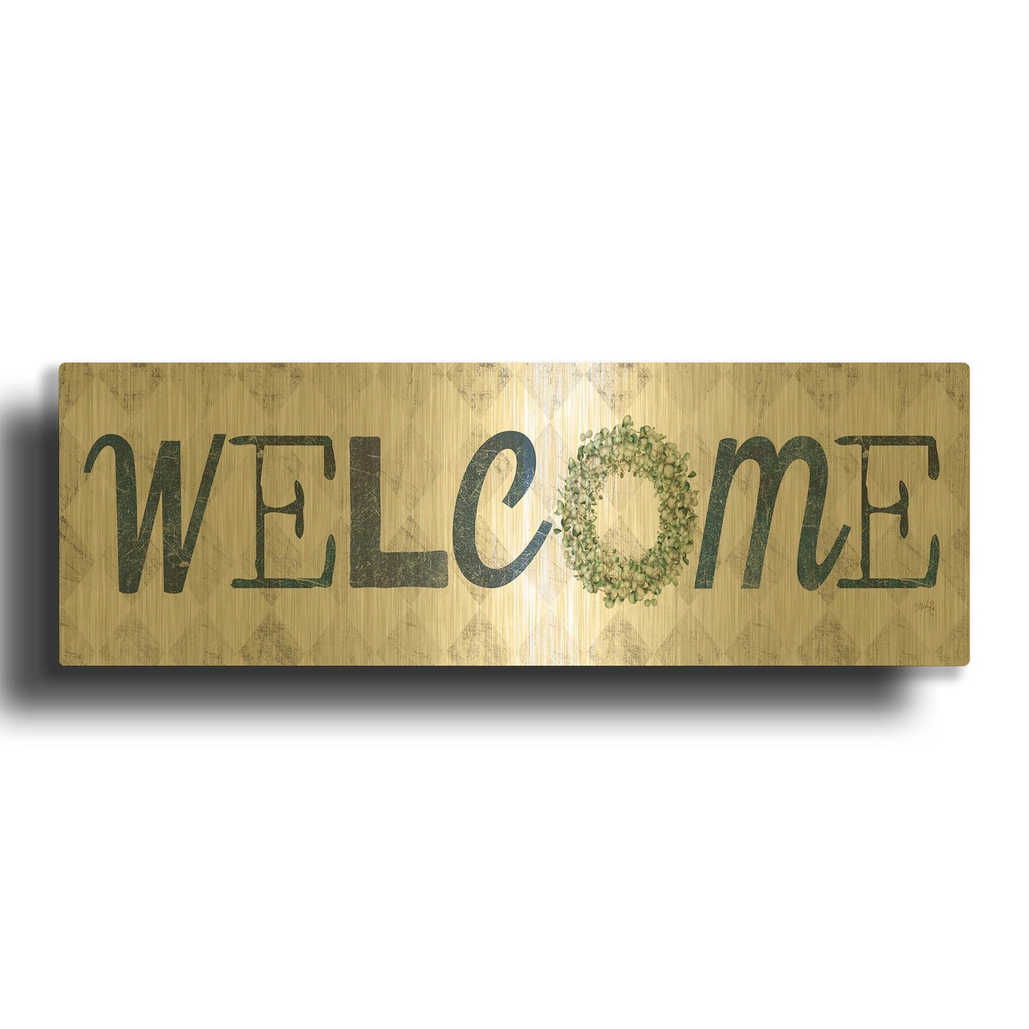 'Welcome with Eucalyptus Wreath I' By Marla Rae Gold Metal Wall Art
