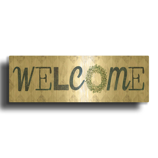 'Welcome with Eucalyptus Wreath I' By Marla Rae Gold Metal Wall Art