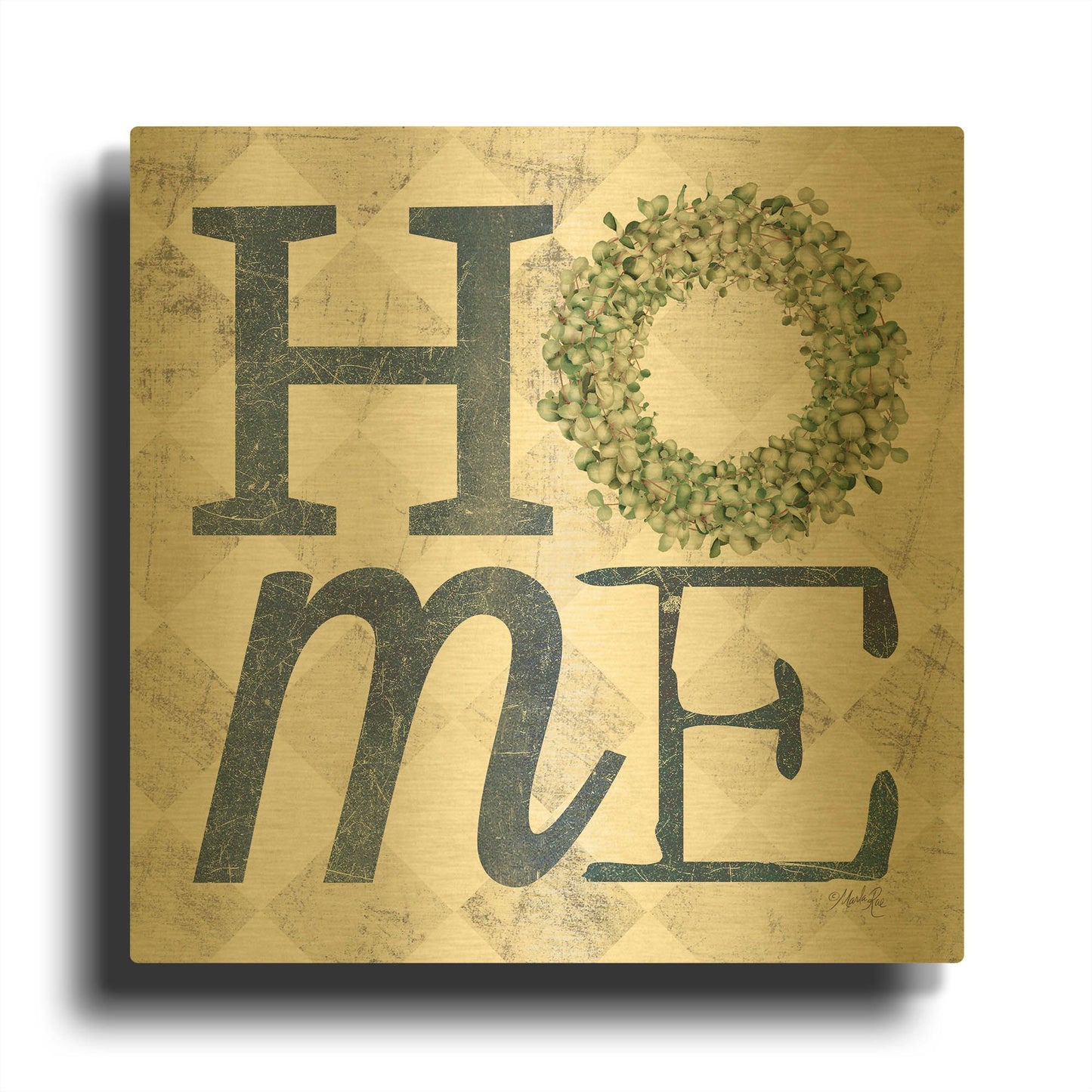 'Home with Eucalyptus Wreath III' By Marla Rae Gold Metal Wall Art