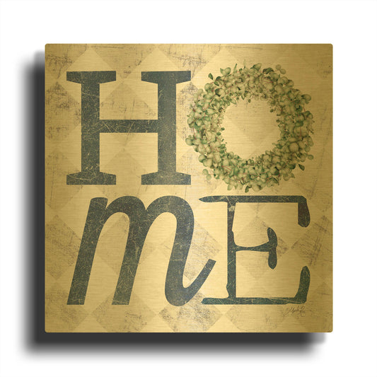 'Home with Eucalyptus Wreath III' By Marla Rae Gold Metal Wall Art