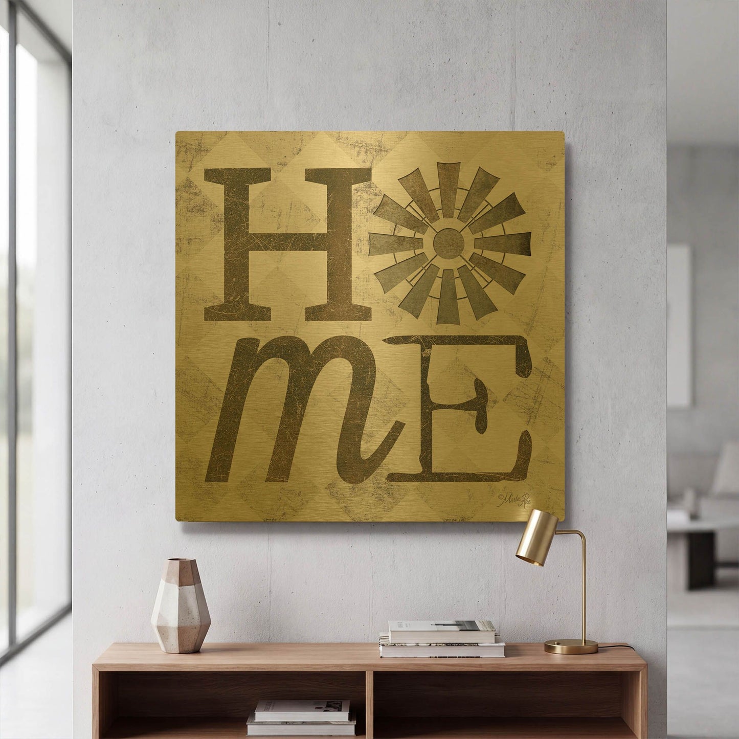 'Home with Windmill III' By Marla Rae Gold Metal Wall Art