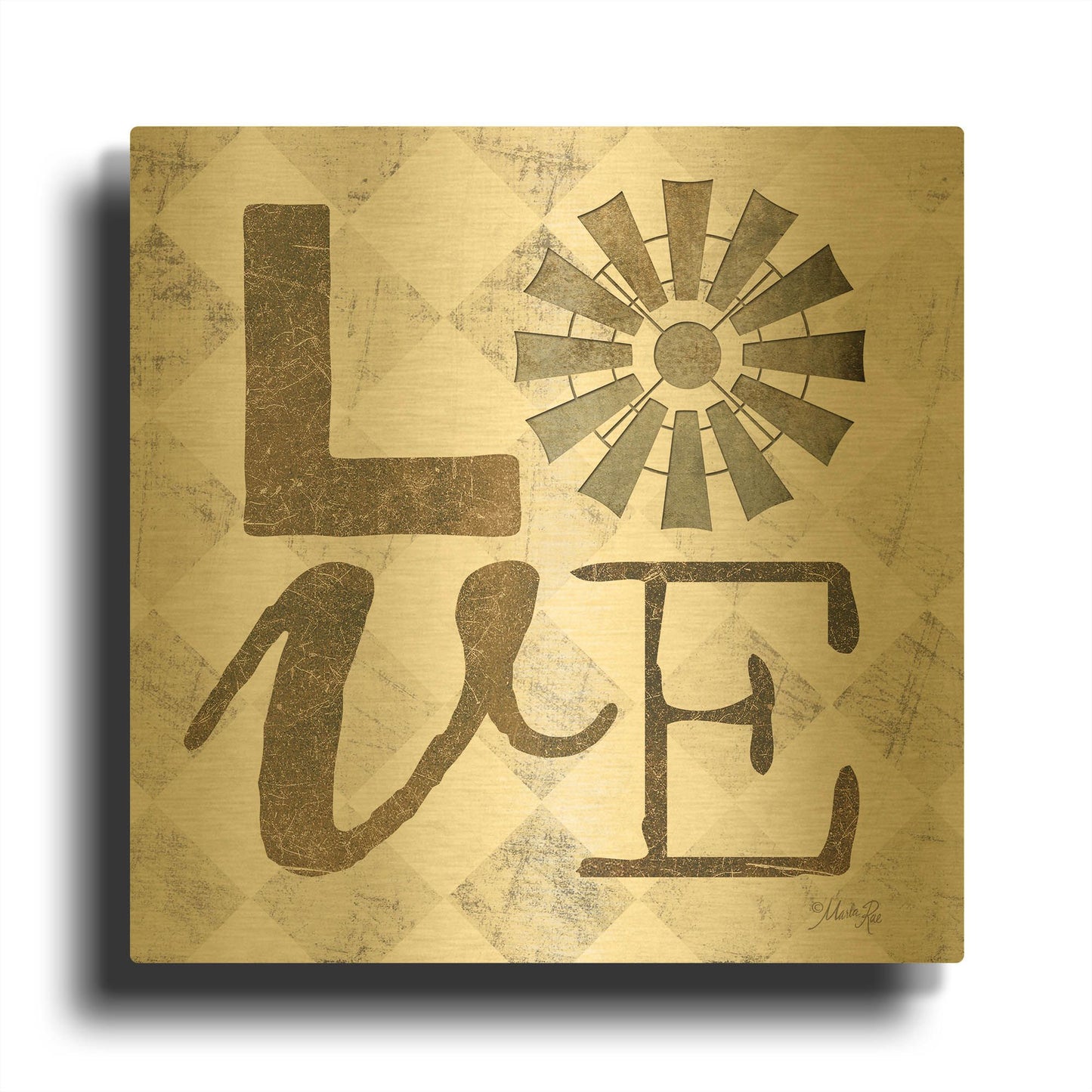 'Love with Windmill III' By Marla Rae Gold Metal Wall Art