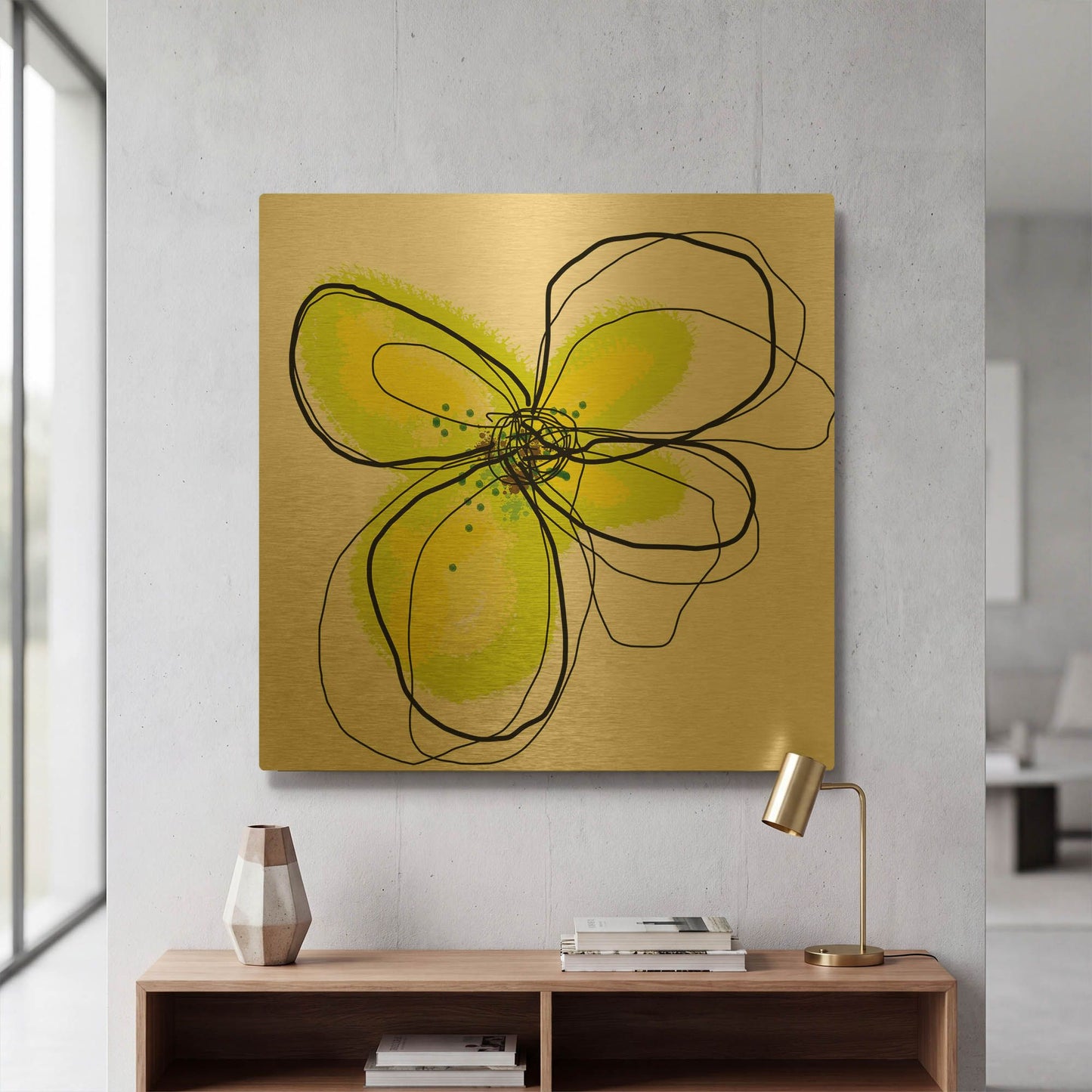 'Yellow Petals One' By Jan Weiss Gold Metal Wall Art