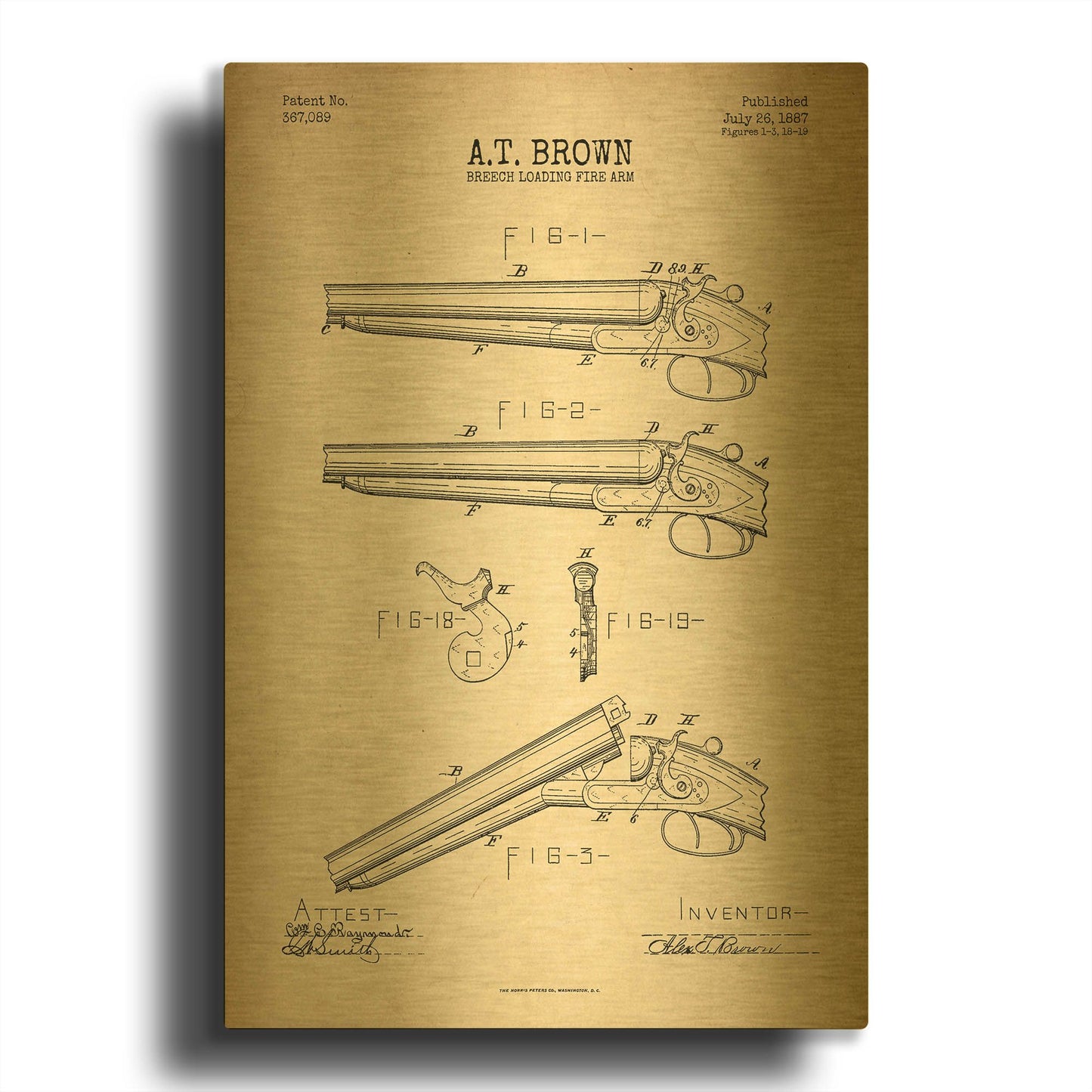 'Shotgun Blueprint Patent Parchment' By LUXE Gold Metal Wall Art