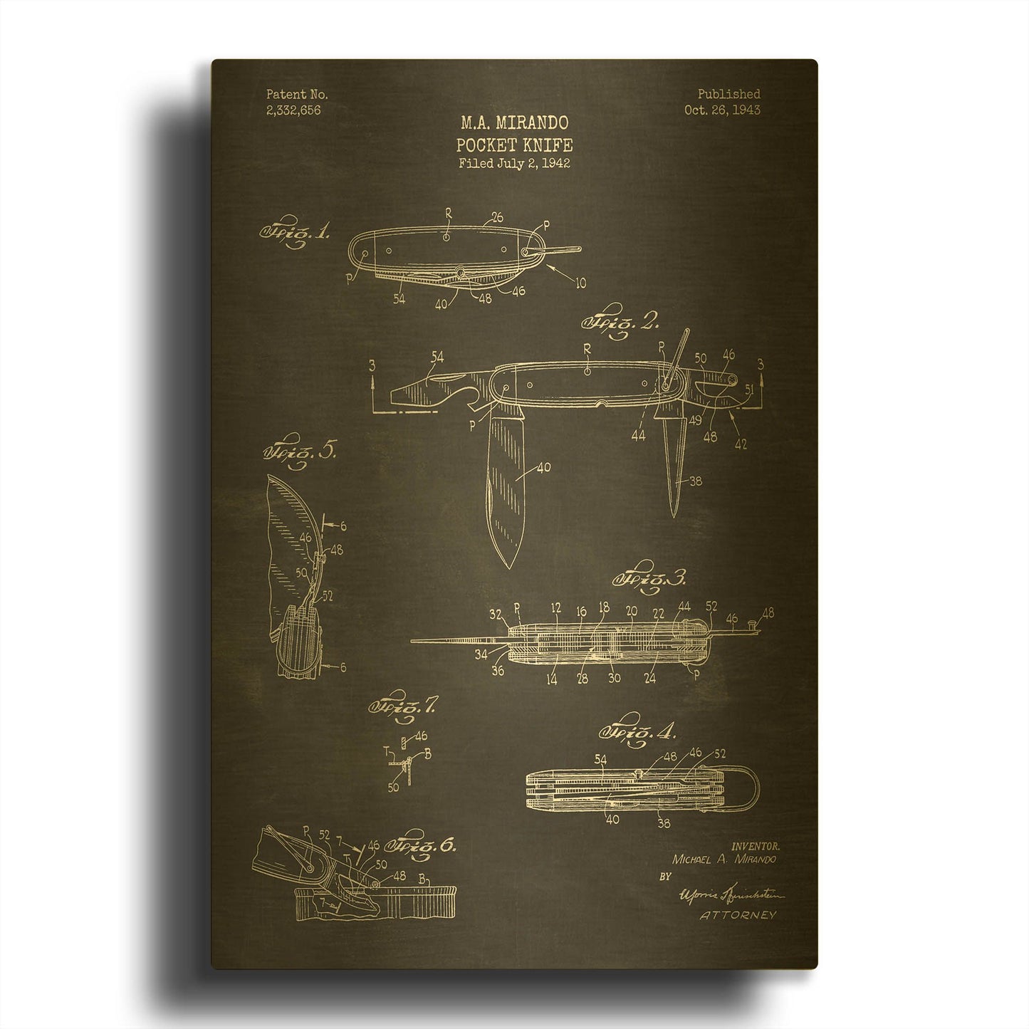 'Pocket Knife Blueprint Patent Chalkboard' By LUXE Gold Metal Wall Art