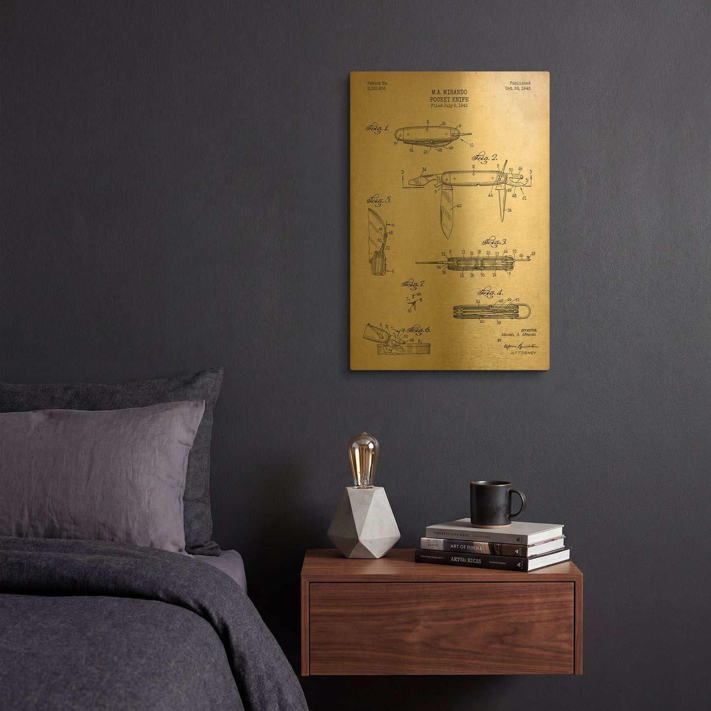 'Pocket Knife Blueprint Patent Parchment' By LUXE Gold Metal Wall Art