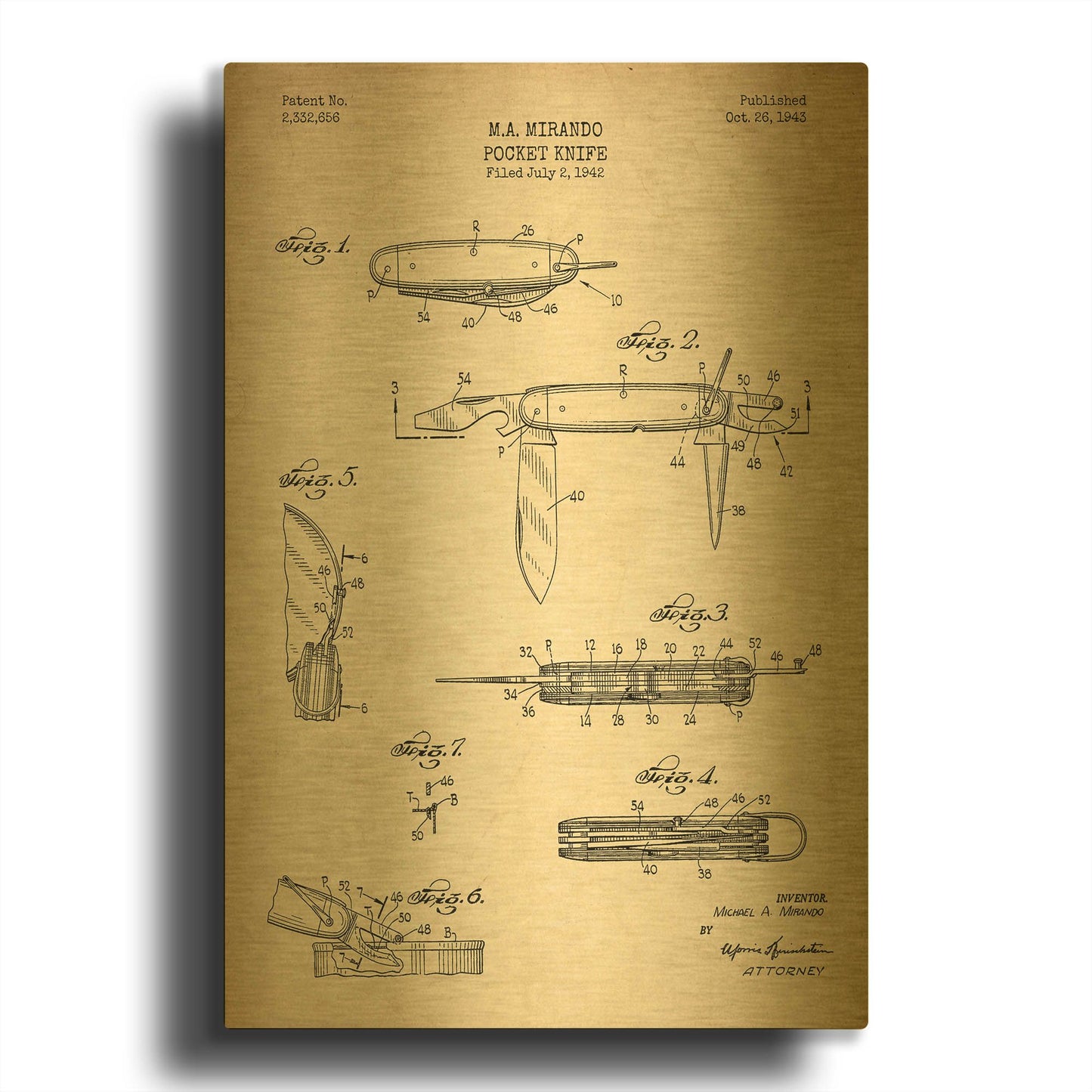 'Pocket Knife Blueprint Patent Parchment' By LUXE Gold Metal Wall Art