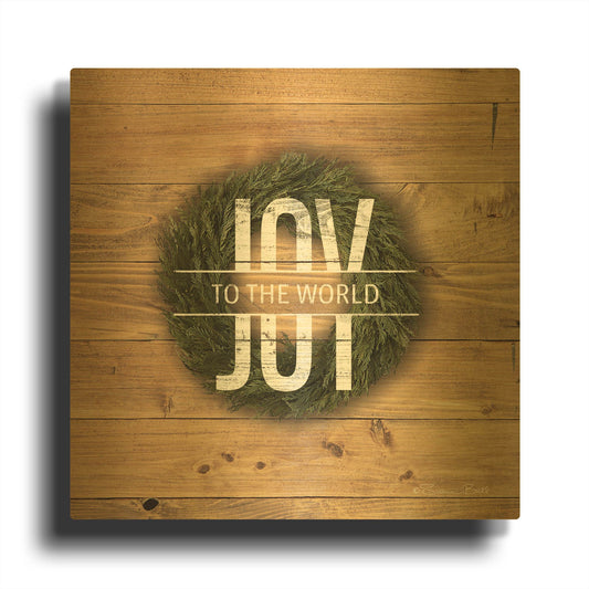 'Joy to the World with Wreath' By Susan Ball Gold Metal Wall Art