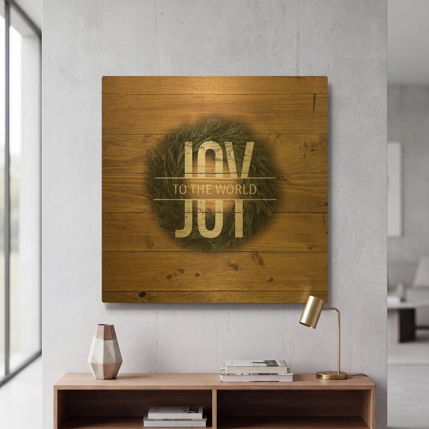 'Joy to the World with Wreath' By Susan Ball Gold Metal Wall Art