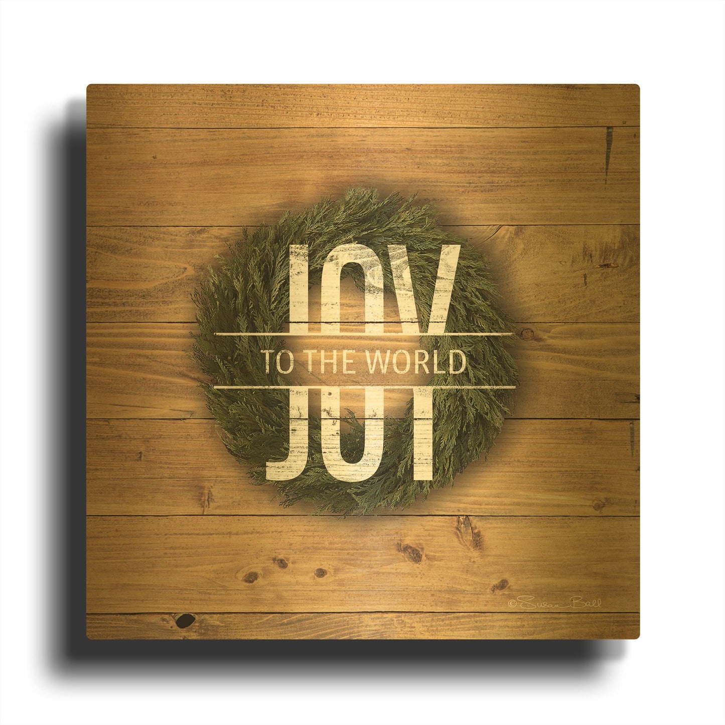 'Joy to the World with Wreath' By Susan Ball Gold Metal Wall Art