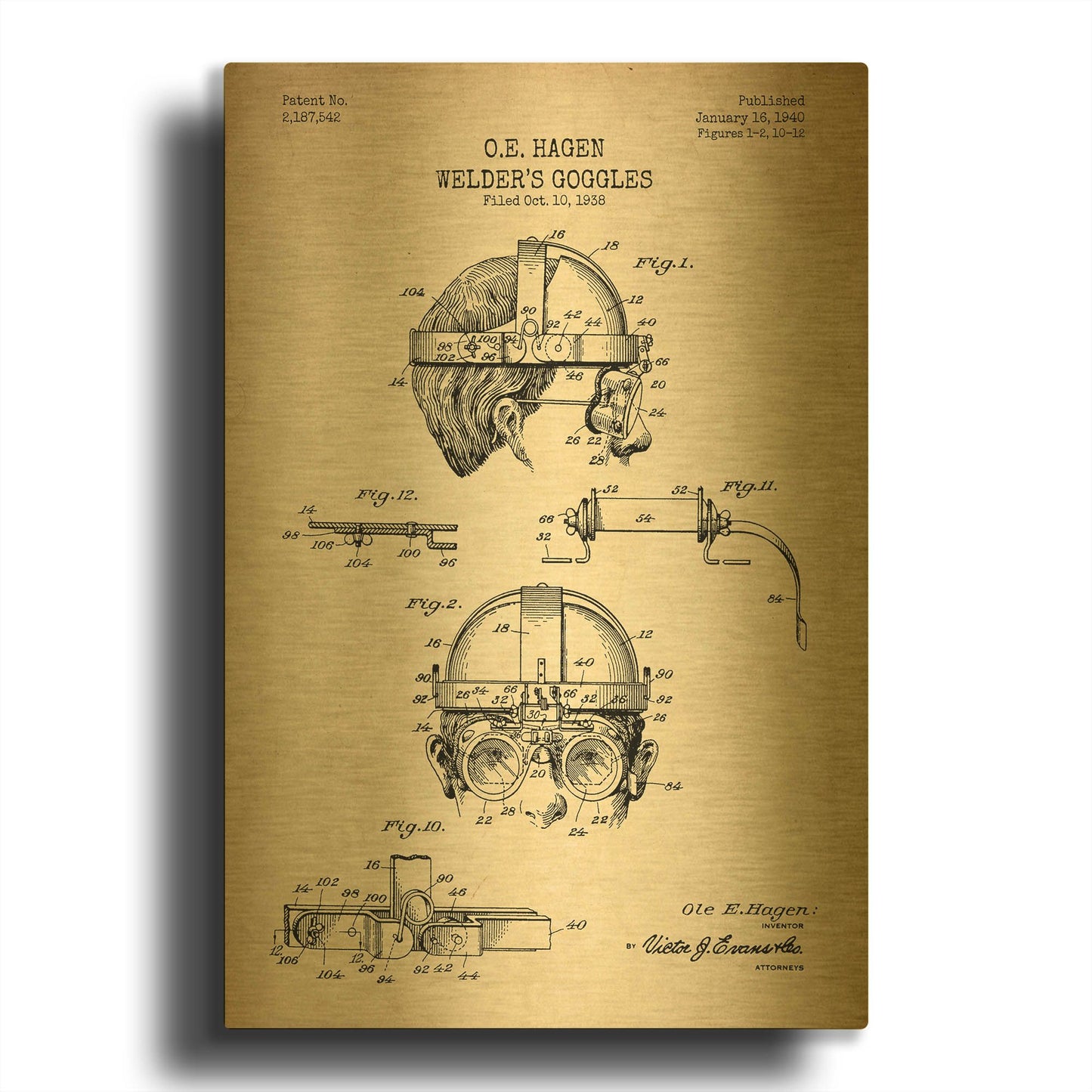 'Welding Goggles Blueprint Patent Parchment' By LUXE Gold Metal Wall Art