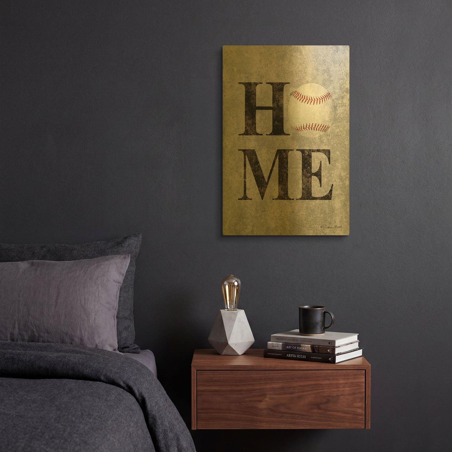 'Baseball HOME' By Susan Ball Gold Metal Wall Art