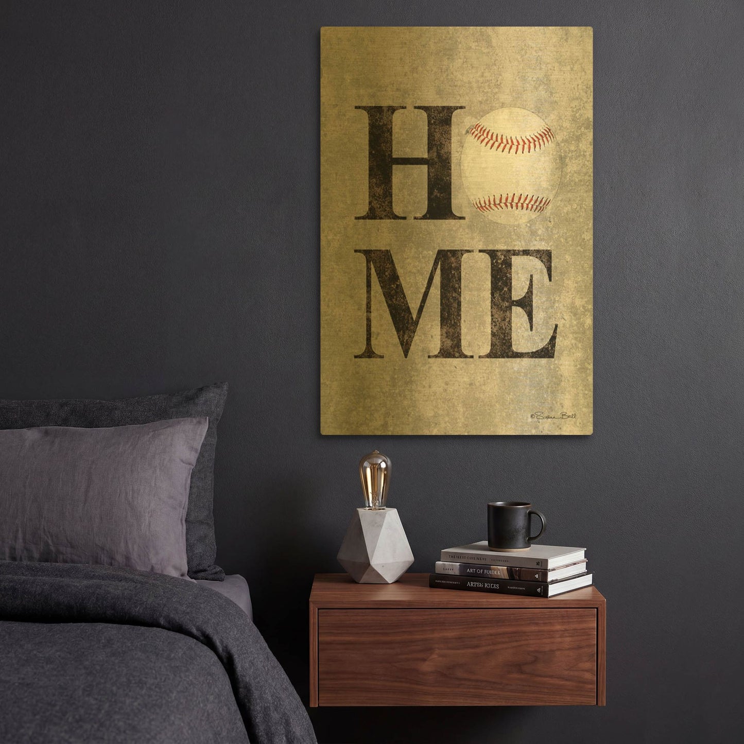 'Baseball HOME' By Susan Ball Gold Metal Wall Art
