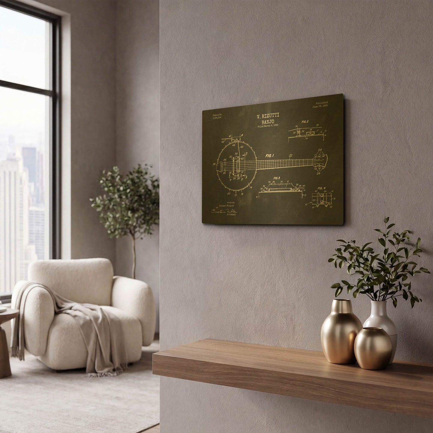 'Banjo Blueprint Patent Chalkboard' By LUXE Gold Metal Wall Art