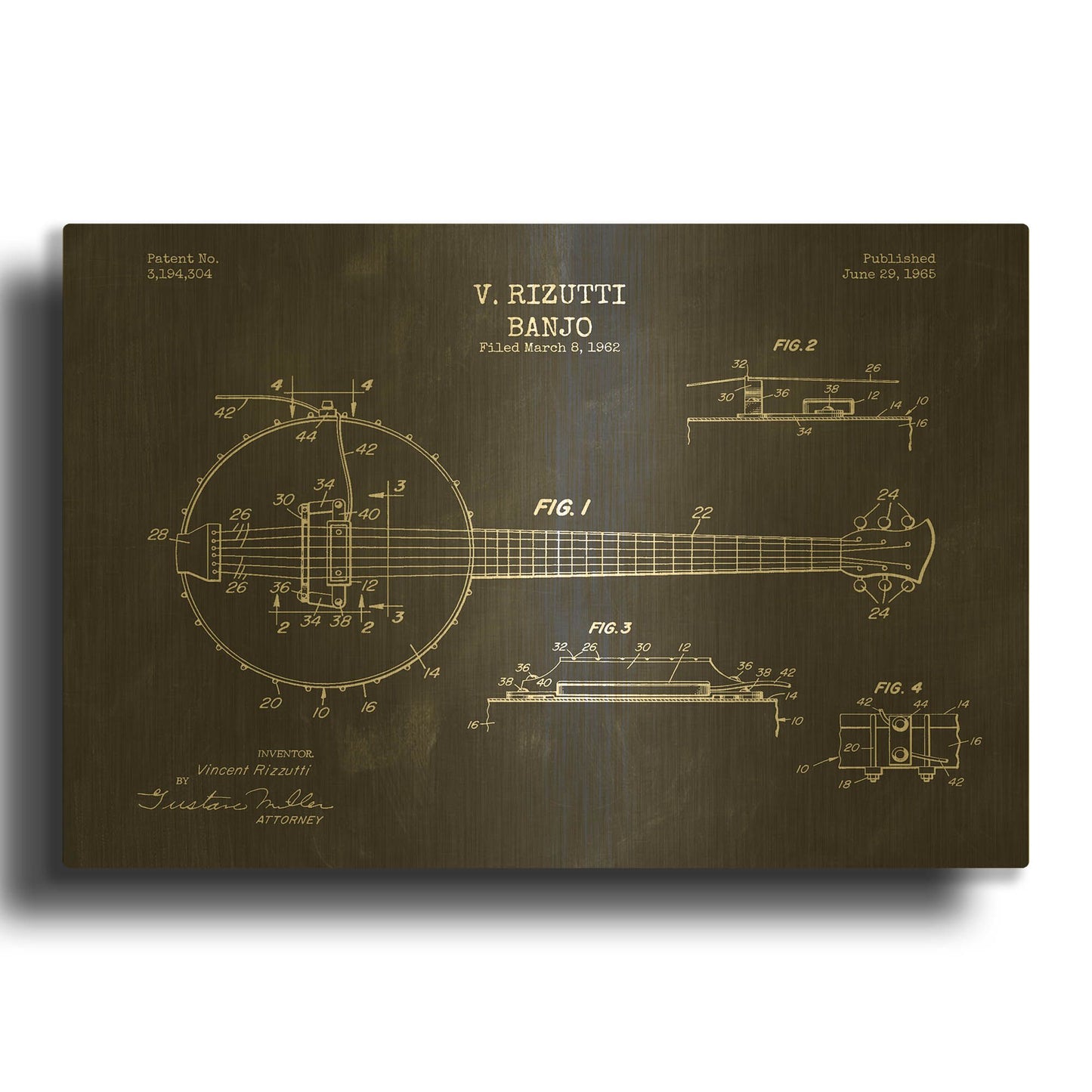 'Banjo Blueprint Patent Chalkboard' By LUXE Gold Metal Wall Art