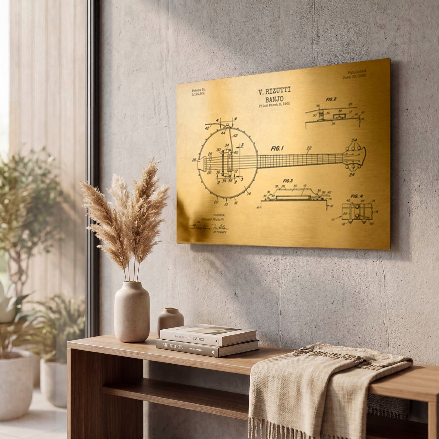 'Banjo Blueprint Patent Parchment' By LUXE Gold Metal Wall Art