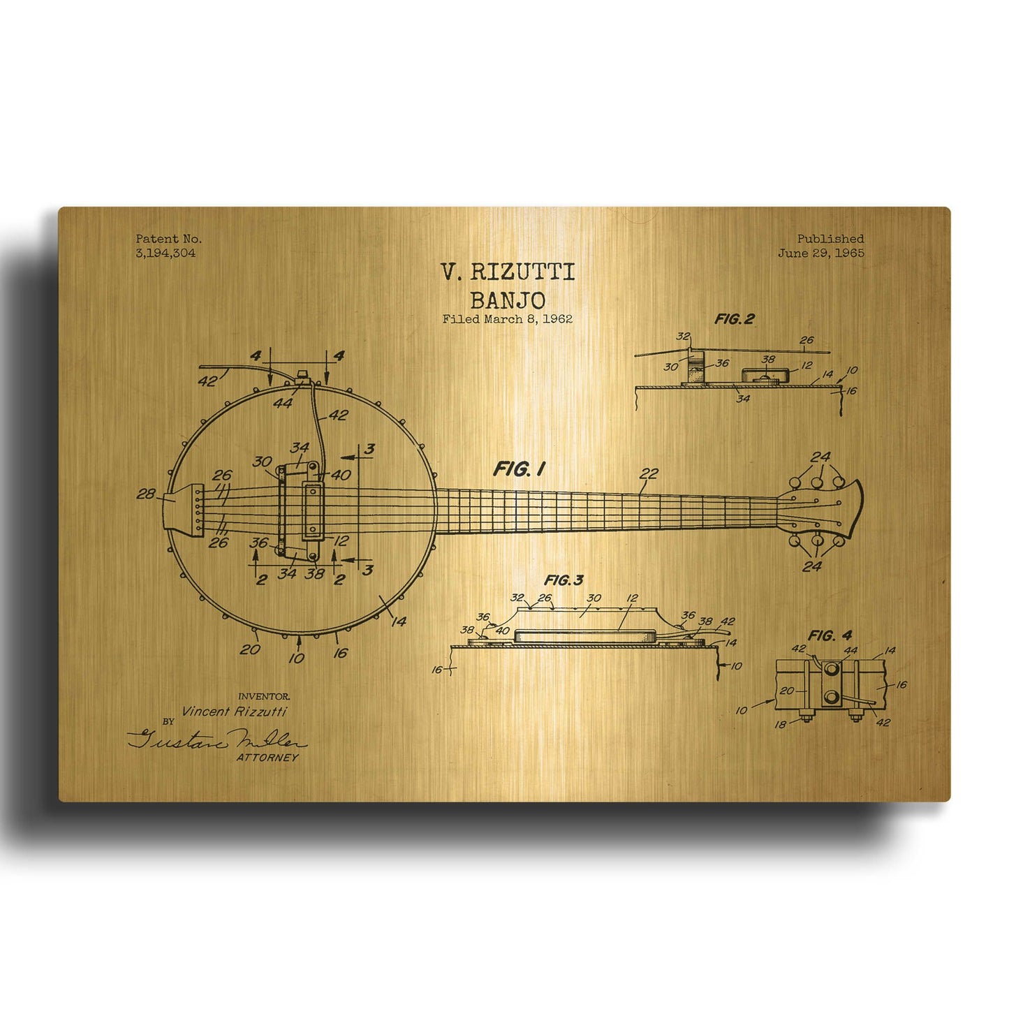 'Banjo Blueprint Patent Parchment' By LUXE Gold Metal Wall Art