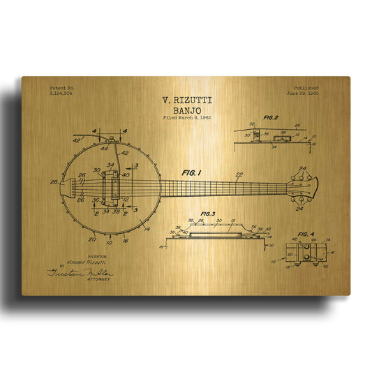 'Banjo Blueprint Patent Parchment' By LUXE Gold Metal Wall Art