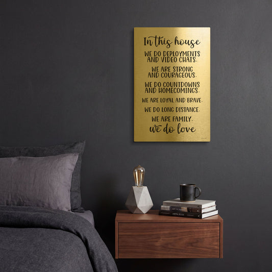 'In This House Military' By Susan Ball Gold Metal Wall Art